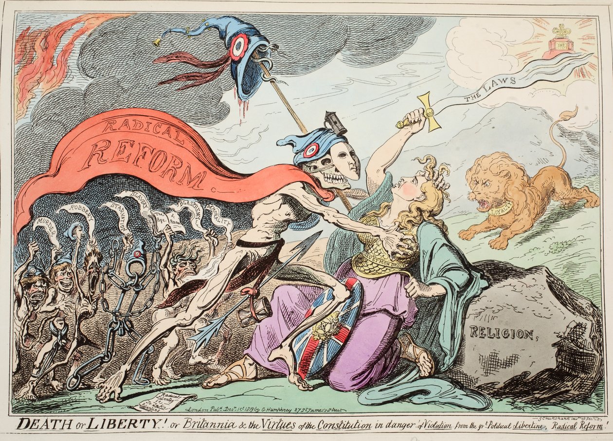 ¡Muerte o libertad! O Britannia y las virtudes de la constitución en peligro de violación por el gran libertino político, ¡Reforma radical!, pub. 1819 de George Cruikshank