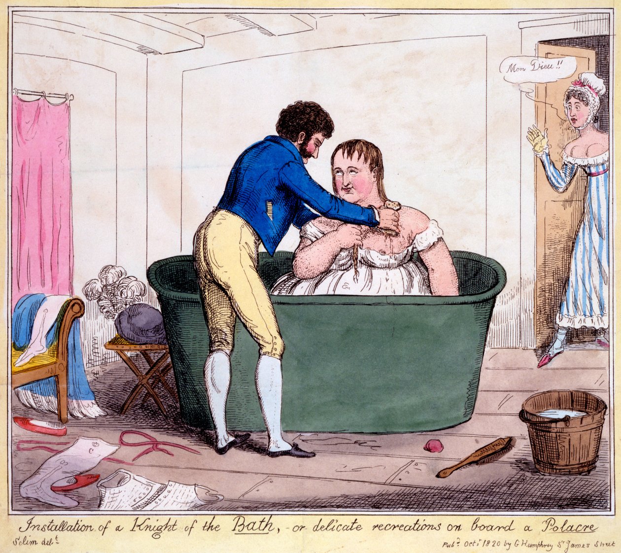 Instalación de un Caballero del Baño, o recreaciones delicadas a bordo de una Polacre, 1820 de George Cruikshank