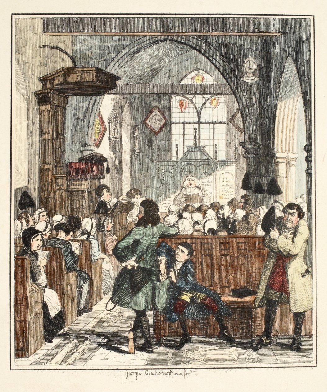 Jack Sheppard cometiendo robo en la Iglesia de Willesden, ilustración de Jack Sheppard: Una Novela de William Harrison Ainsworth, publicada en 1839 de George Cruikshank