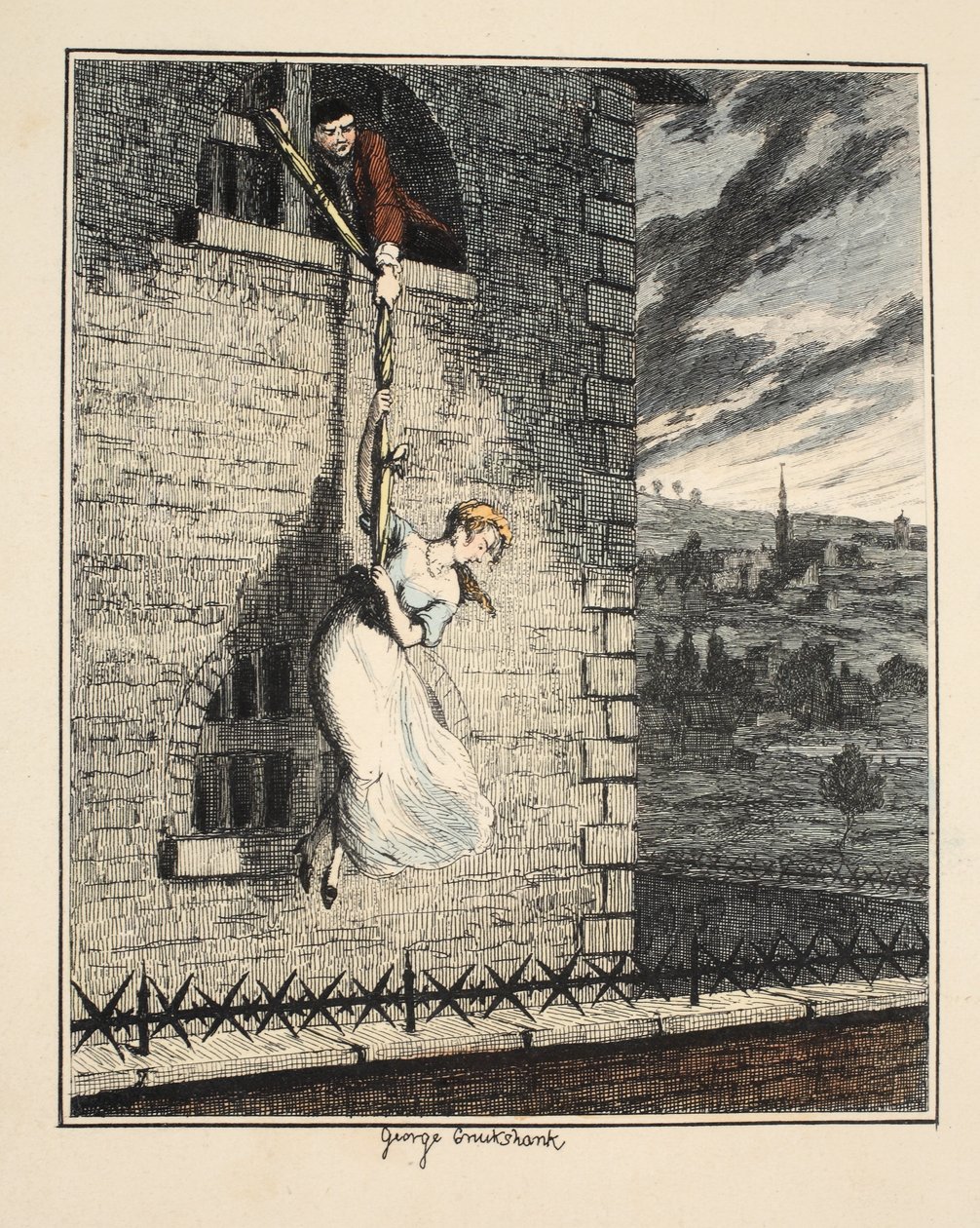 Jack Sheppard en compañía de Edgeworth Bess, escapando de la Prisión de Clerkenwell, ilustración de Jack Sheppard: Una Novela de William Harrison Ainsworth, publicada en 1839 de George Cruikshank
