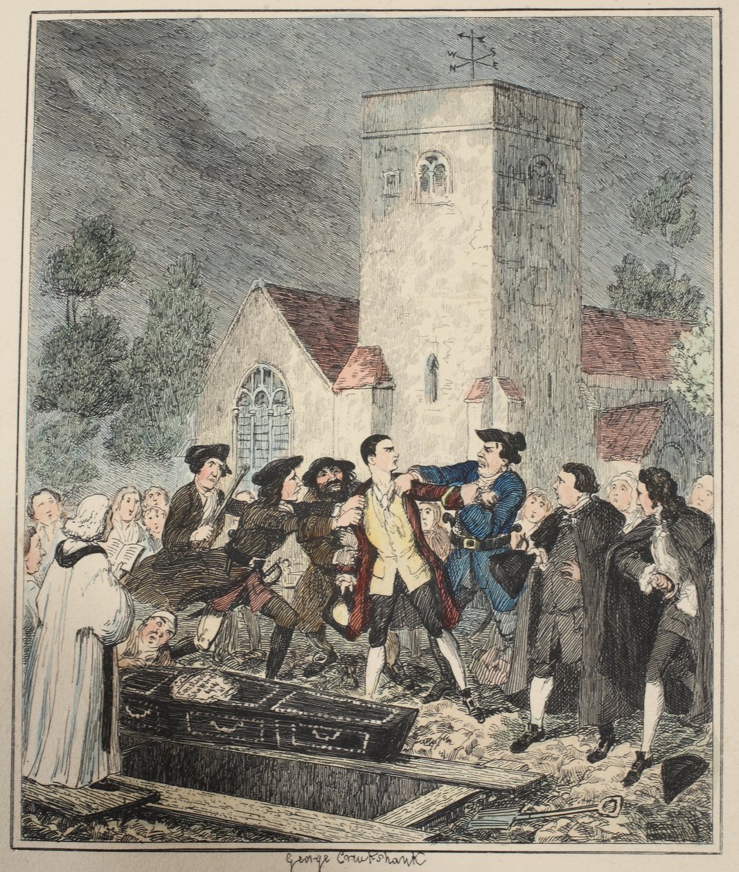 Jonathan Wild capturando a Jack en el funeral de su madre en el cementerio de la Iglesia de Willesden, ilustración de Jack Sheppard: Una Novela de William Harrison Ainsworth, publicada en 1839 de George Cruikshank