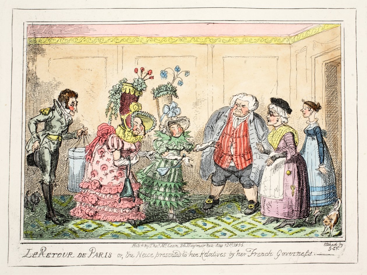 Le Retour de Paris, o, la Sobrina Presentada a sus Parientes por su Institutriz Francesa, pub. 1835 de George Cruikshank