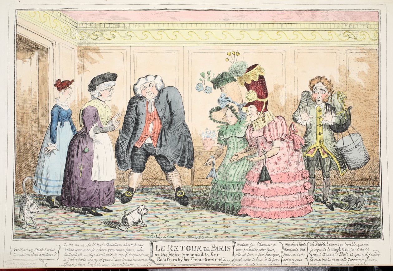 Le Retour de Paris, o, la sobrina presentada a sus parientes por su institutriz francesa, 1816 de George Cruikshank