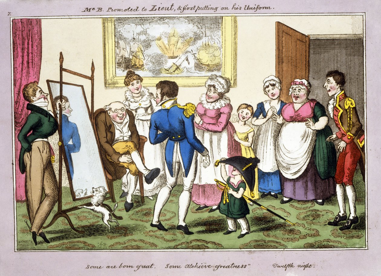 El Sr. B. ascendido a Teniente y poniéndose su uniforme por primera vez, 1835 de George Cruikshank