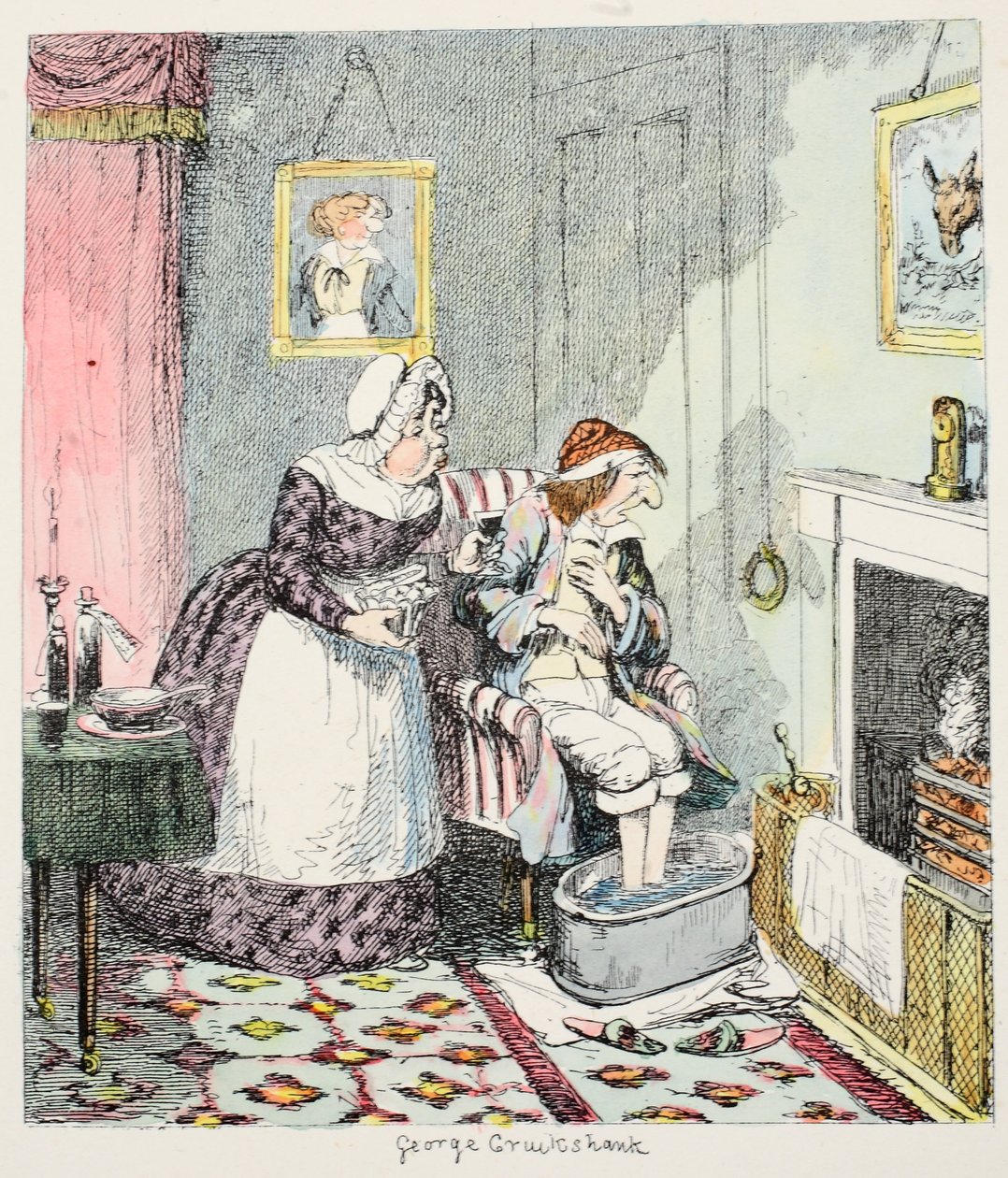 El Sr. Lambkin tiene que ser cuidado, y pasar por un curso regular de medicina, tomando muchas píldoras amargas y requiriendo todos los dulces poderes persuasivos de la Sra. Slope para tomar sus dosis regulares de ese horri de George Cruikshank