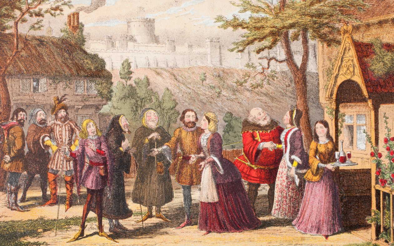 Sir John Falstaff en una visita a su amigo Page en Windsor, ilustración de Las alegres comadres de Windsor, de 