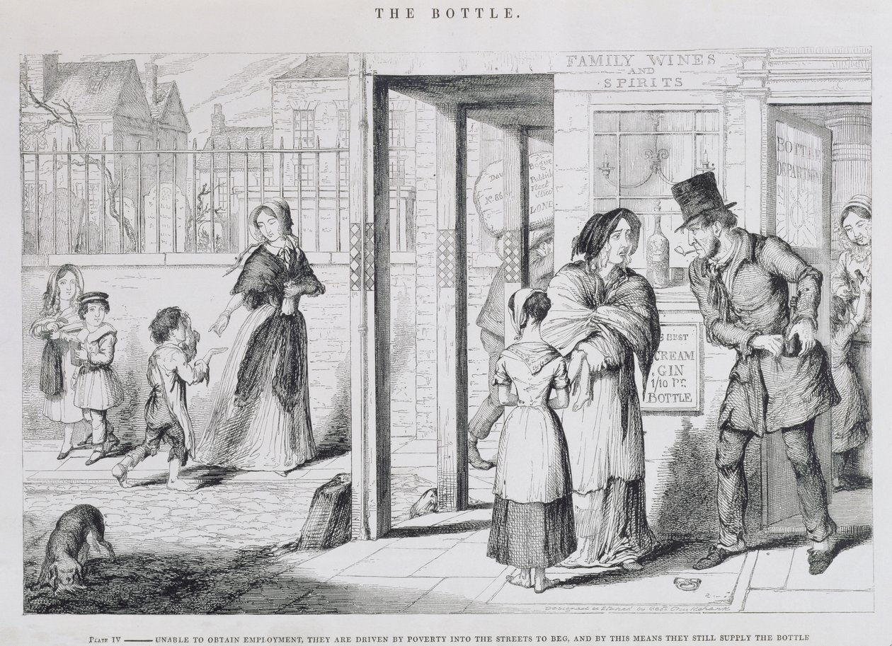 La Botella, Lámina IV, Incapaces de obtener empleo, son llevados por la pobreza a las calles a mendigar, y de esta manera aún abastecen la botella, 1847 de George Cruikshank