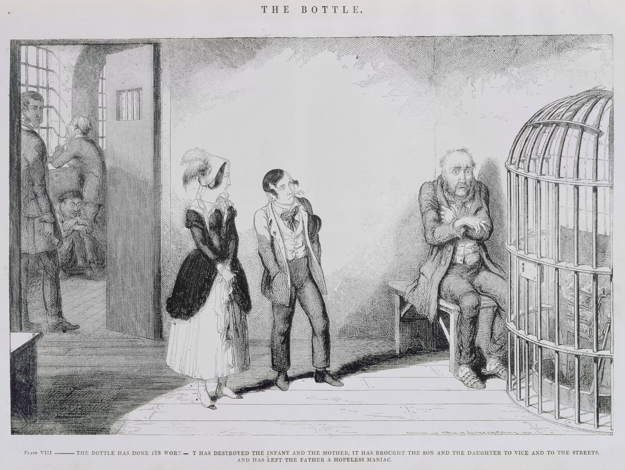 La botella, Placa VIII, La botella ha hecho su trabajo - ha destruido al infante y a la madre, ha llevado al hijo y a la hija al vicio y a las calles, y ha dejado al padre sin esperanza de George Cruikshank
