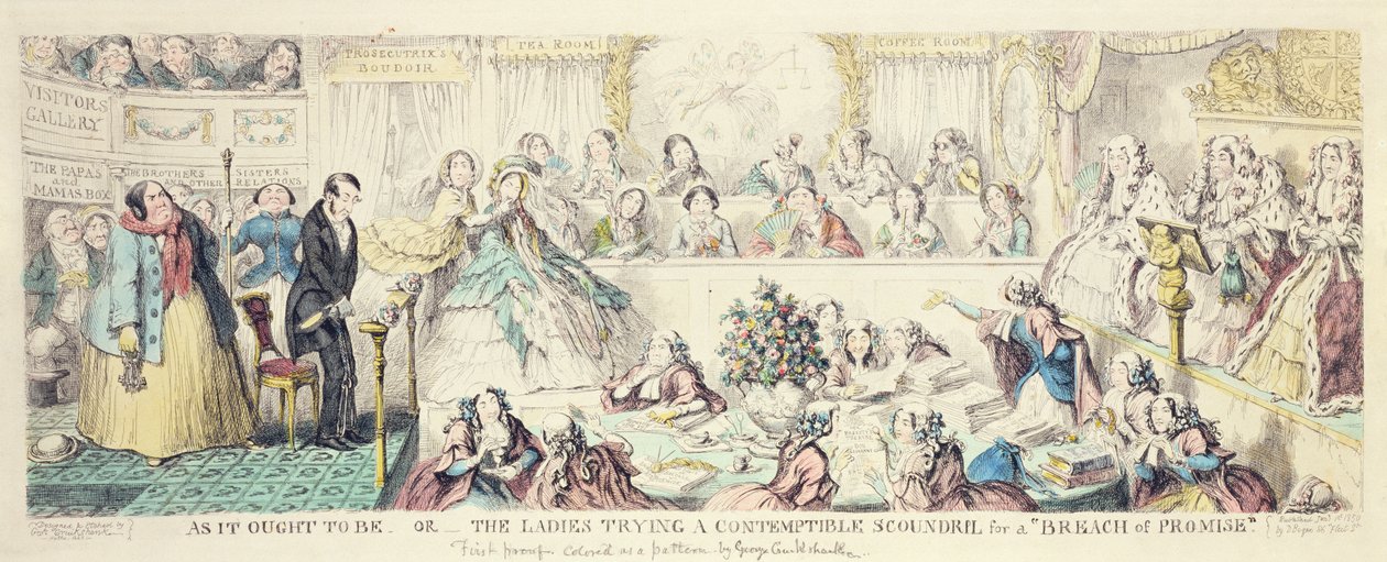 El Incumplimiento de la Promesa - caricatura grabado coloreado a mano de George Cruikshank