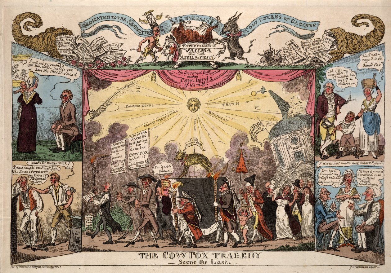 La tragedia de la viruela bovina - Escena final, pub. Londres, 1812 de George Cruikshank