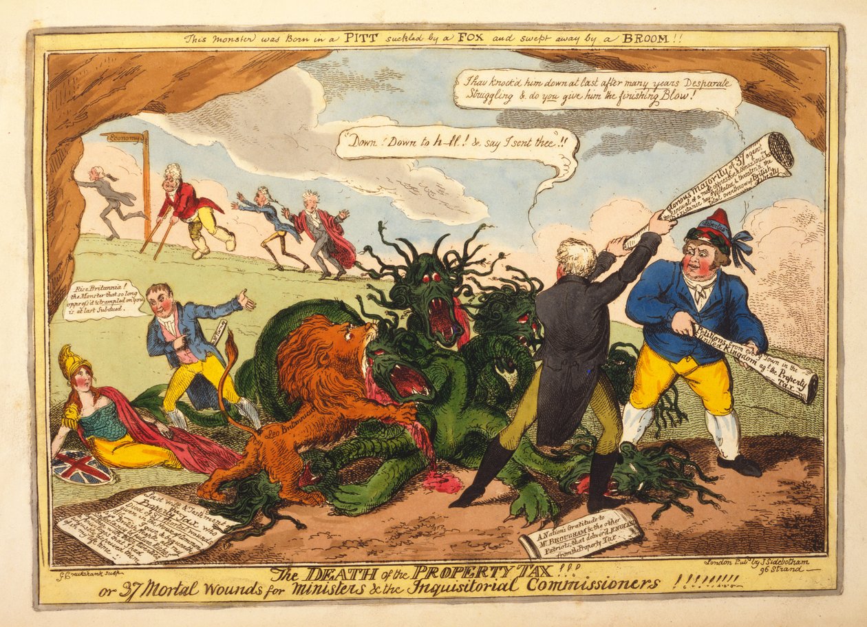 ¡La Muerte del Impuesto a la Propiedad! o 37 Heridas Mortales para los Ministros y los Comisionados Inquisitoriales, pub. 1816 de George Cruikshank