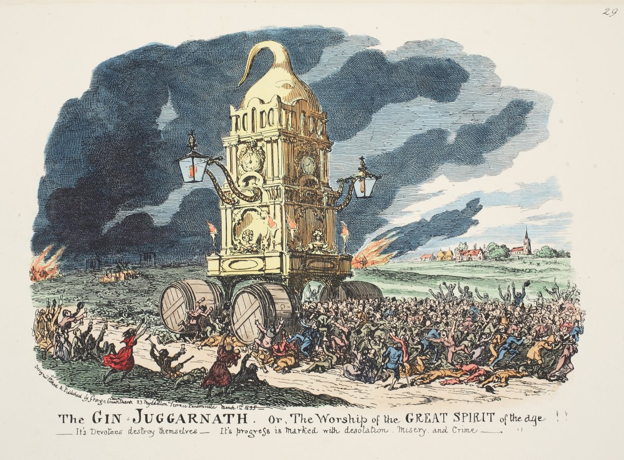 El Gin Juggarnath o la adoración del gran espíritu de la época!! - Sus devotos se destruyen a sí mismos - Su progreso está marcado por la desolación, la miseria y el crimen, pub. 1835 de George Cruikshank