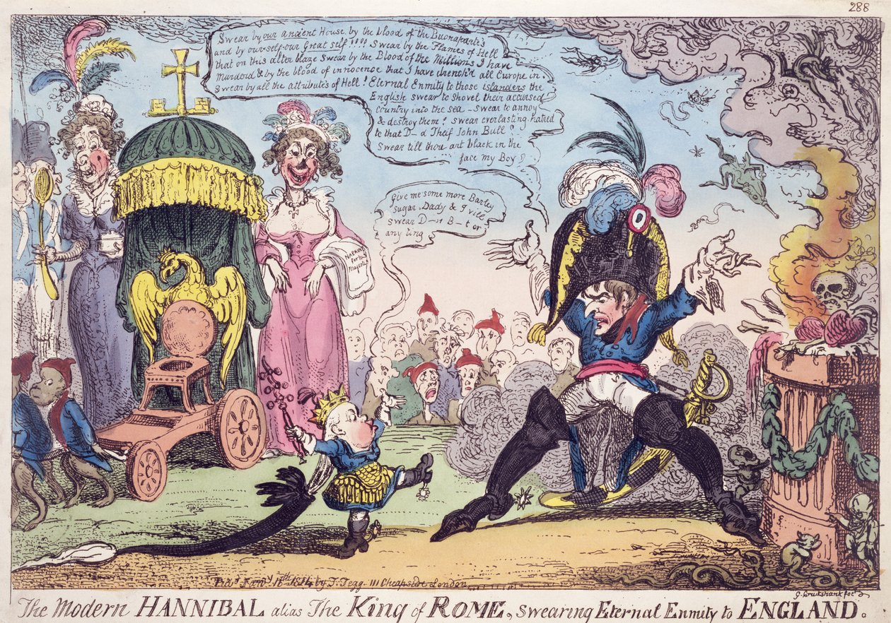 El Rey de Roma, 1814 - caricatura que muestra a Napoleón y su hijo, Napoleón II, Rey de Roma de George Cruikshank