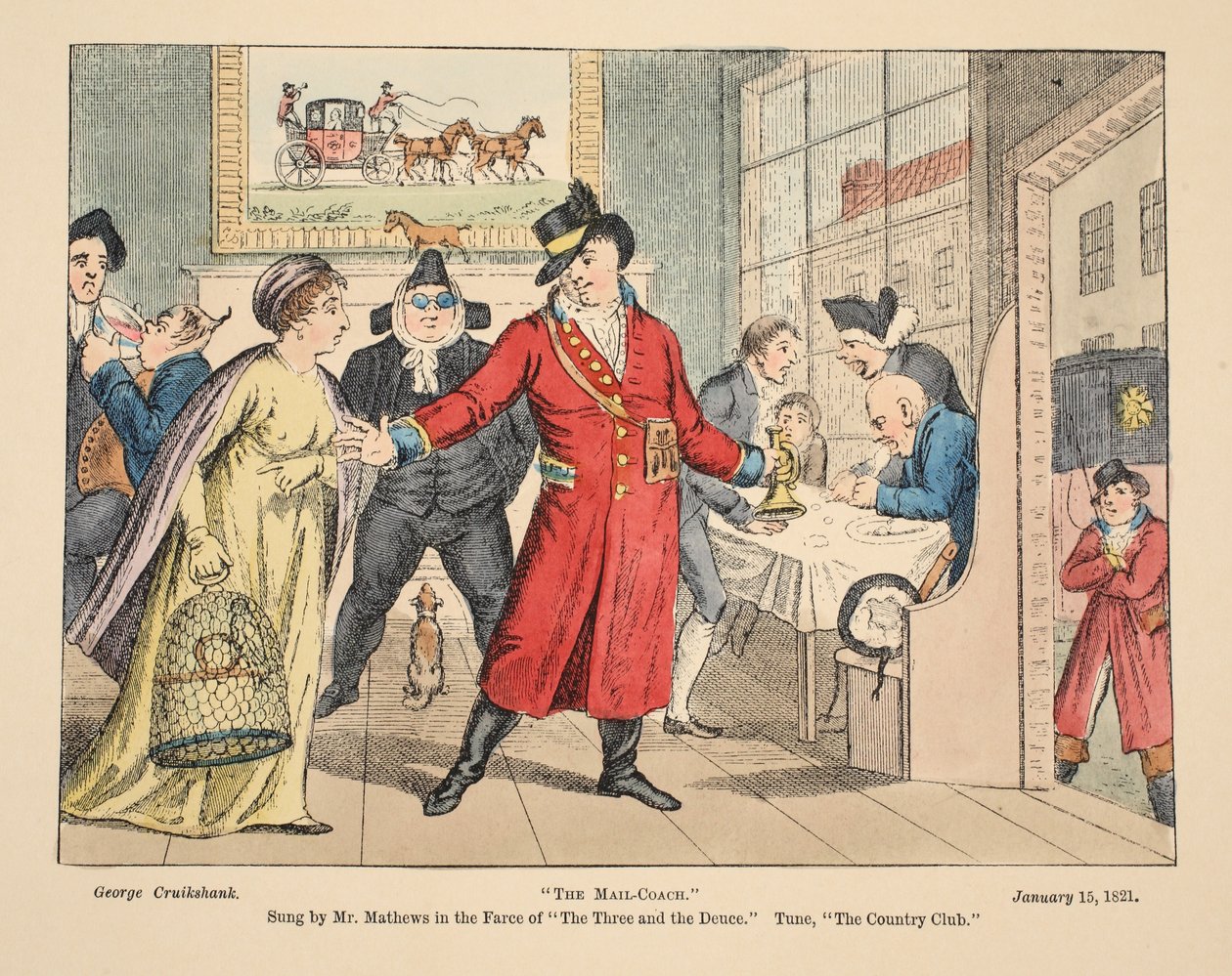El Correo, Cantado por el Sr. Mathews en la Farsa de Los Tres y el Deuce. Melodía, El Club del Campo, pub. 1821 de George Cruikshank