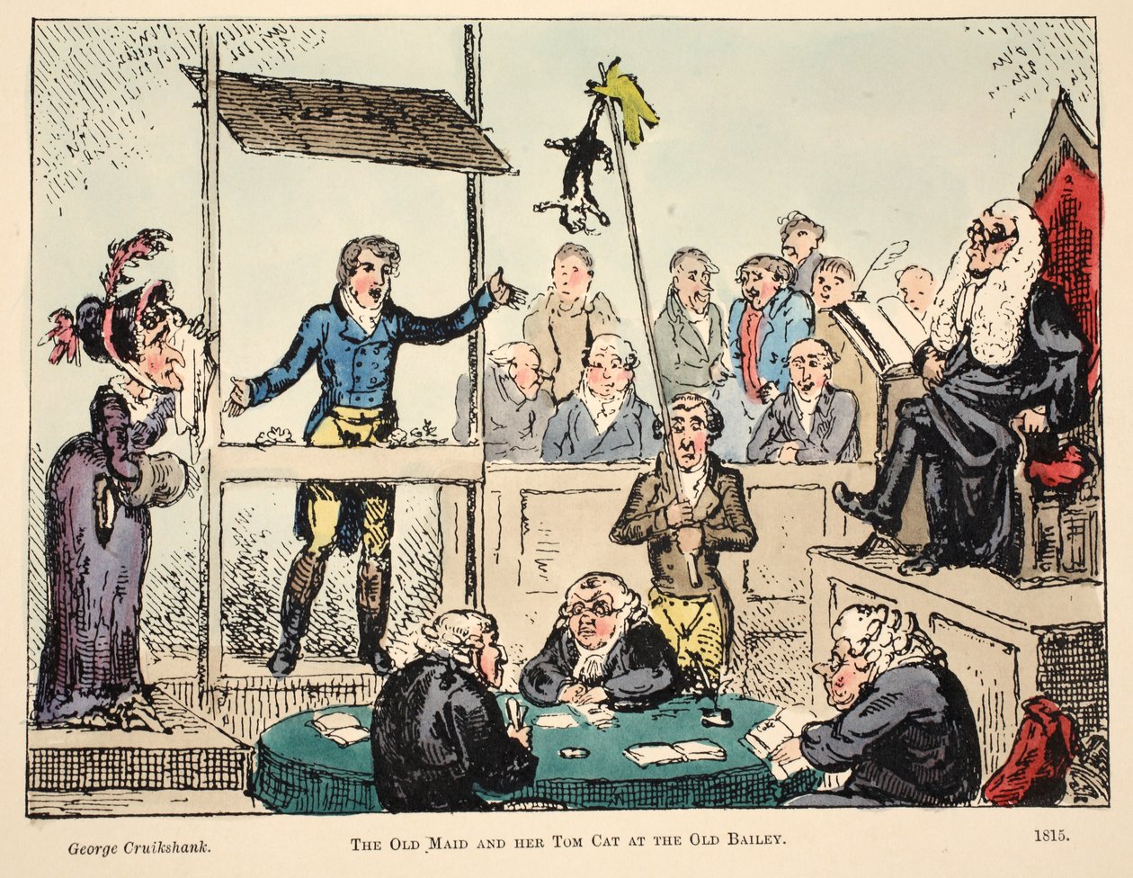 La Solterona y su Gato Tom en el Old Bailey, pub. 1815 de George Cruikshank