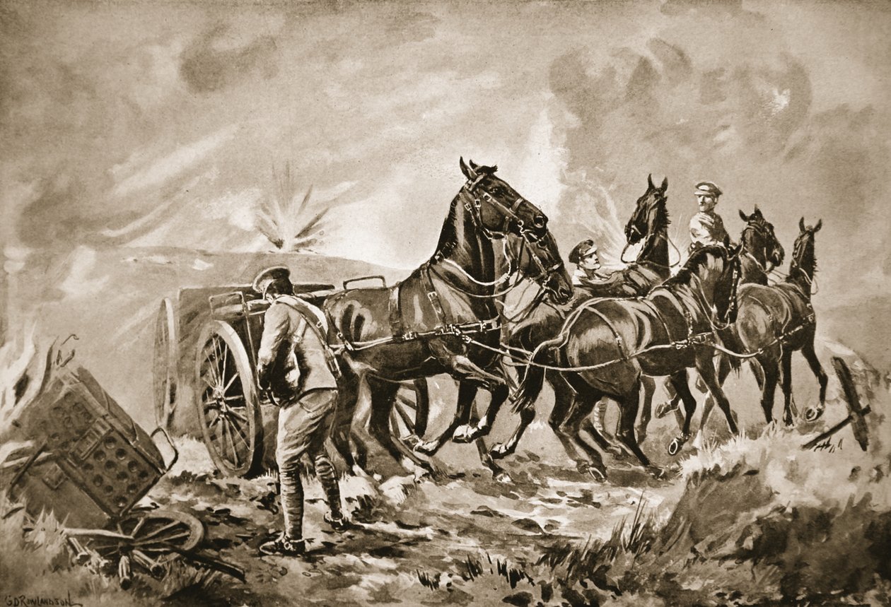 El Rey Conductor asistiendo a enganchar un cañón a un limber bajo fuego intenso de George Derville Rowlandson