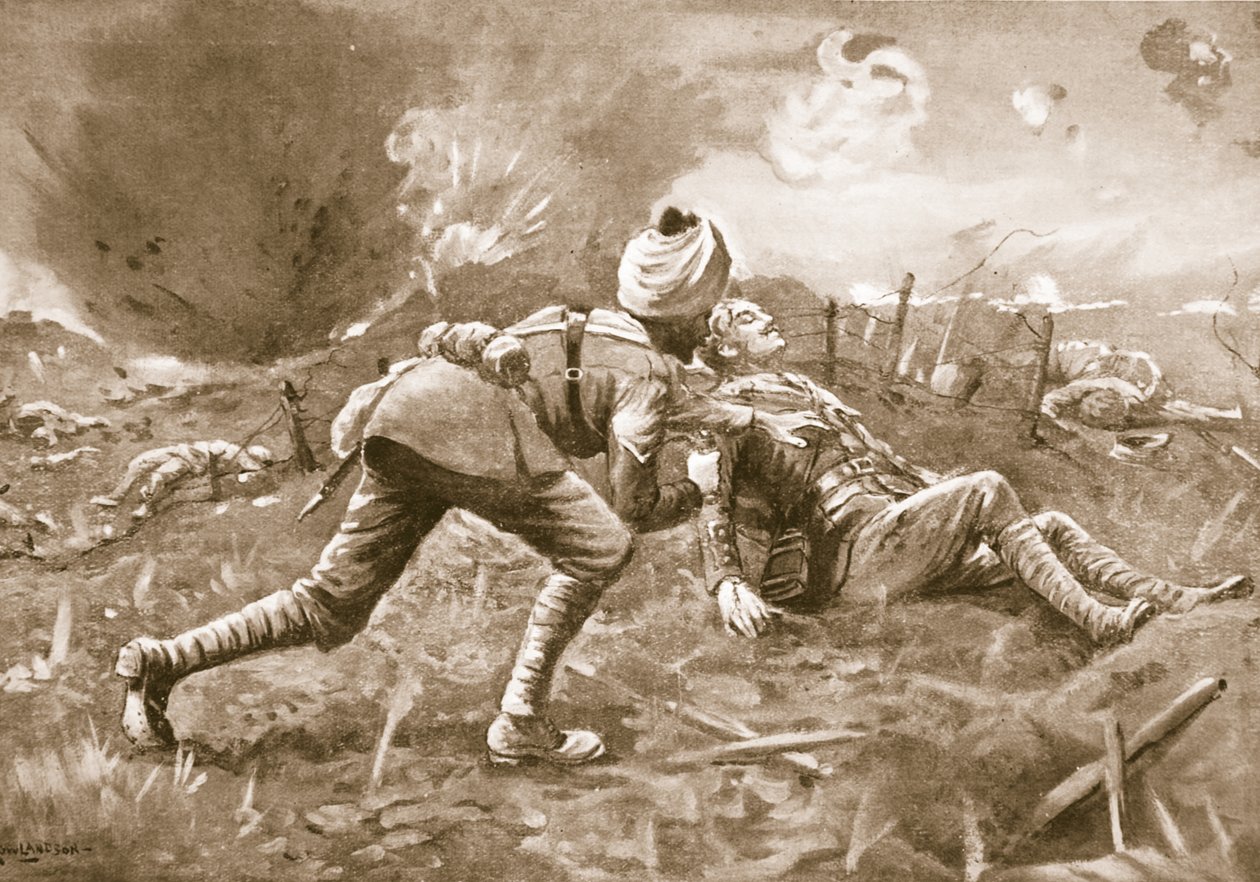 Lance-Naik Lala arrastra a un oficial herido, a quien encontró cerca del enemigo, a un refugio y allí venda sus heridas de George Derville Rowlandson