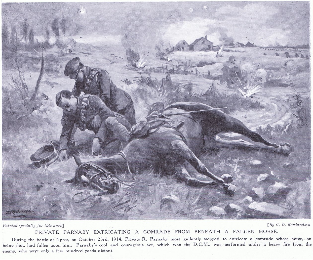 El soldado Parnaby galardonado con la DCM por extraer a un camarada de debajo de un caballo caído bajo fuego intenso, octubre de 1914 de George Derville Rowlandson