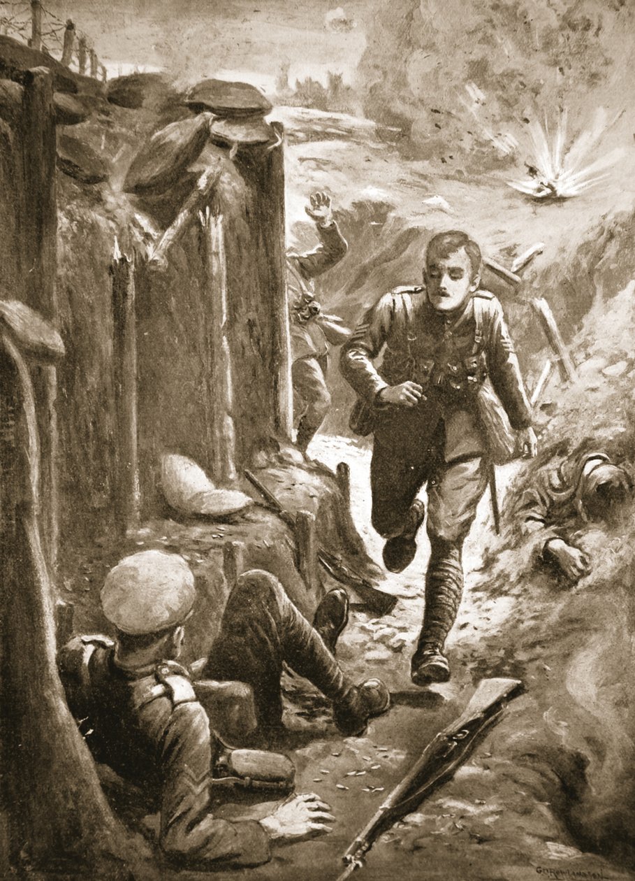 El sargento Tuersley corriendo a asistir a un cabo herido cuya pierna había sido volada por una bomba de George Derville Rowlandson