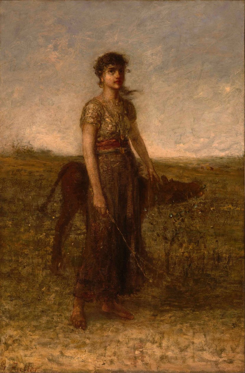 Niña y ternero (llevados por prados) de George Fuller