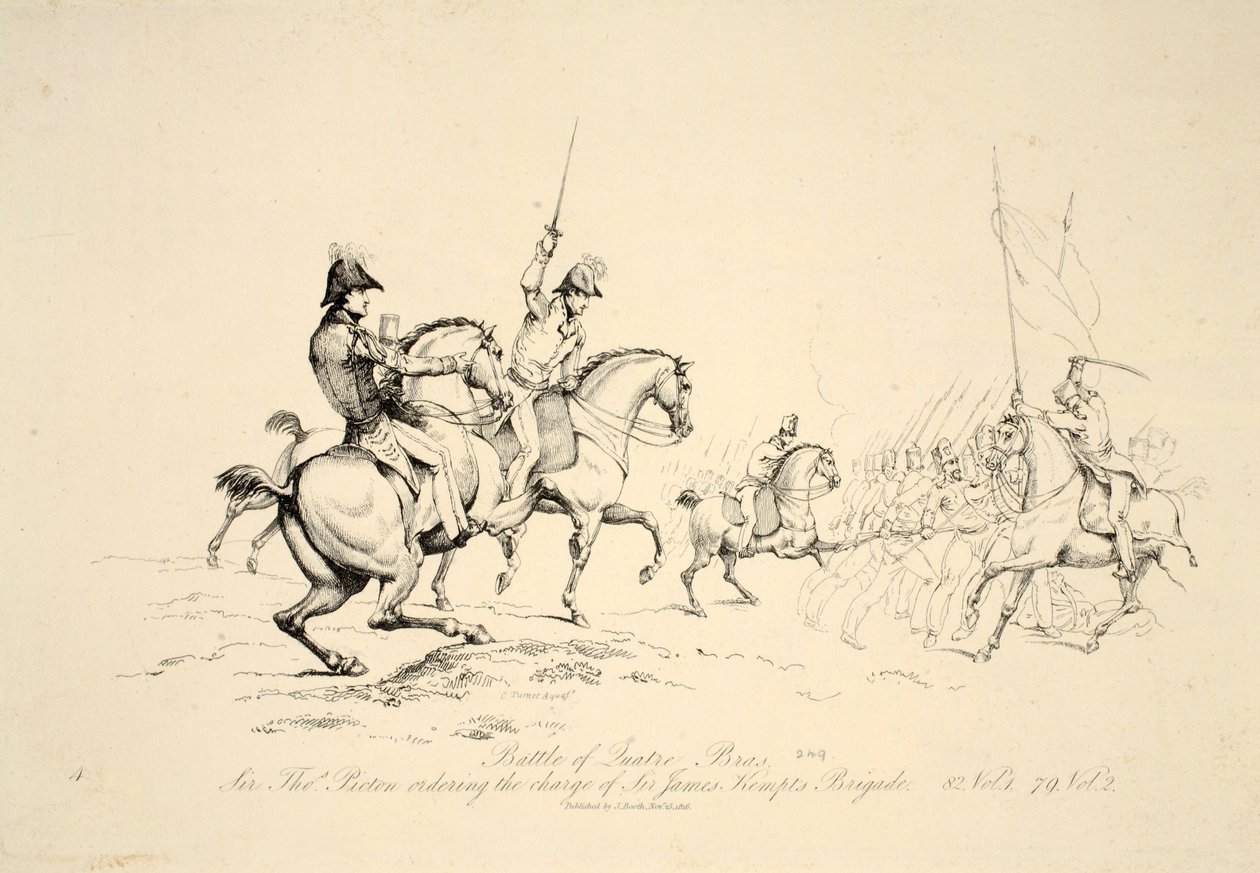 Batalla de Quatre Bras: Sir Thomas Picton ordenando la carga de la brigada de Sir James Kempt, pub. J. Booth, 1816 de George Jones