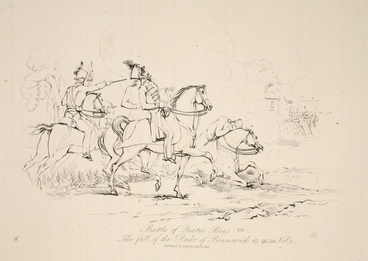 Batalla de Quatre Bras: La caída del Duque de Brunswick, pub. J. Booth, 1816 de George Jones