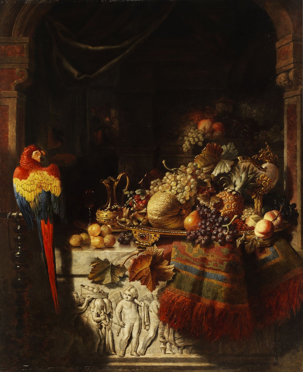 Naturaleza muerta con frutas y loro de George Lance