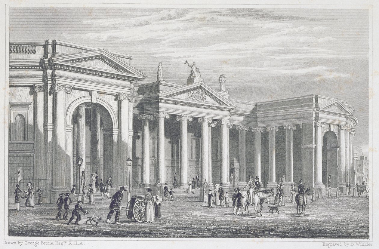 Pórtico sur del Banco de Irlanda, Dublín, originalmente la Casa del Parlamento, grabado por B. Winkles de George Petrie