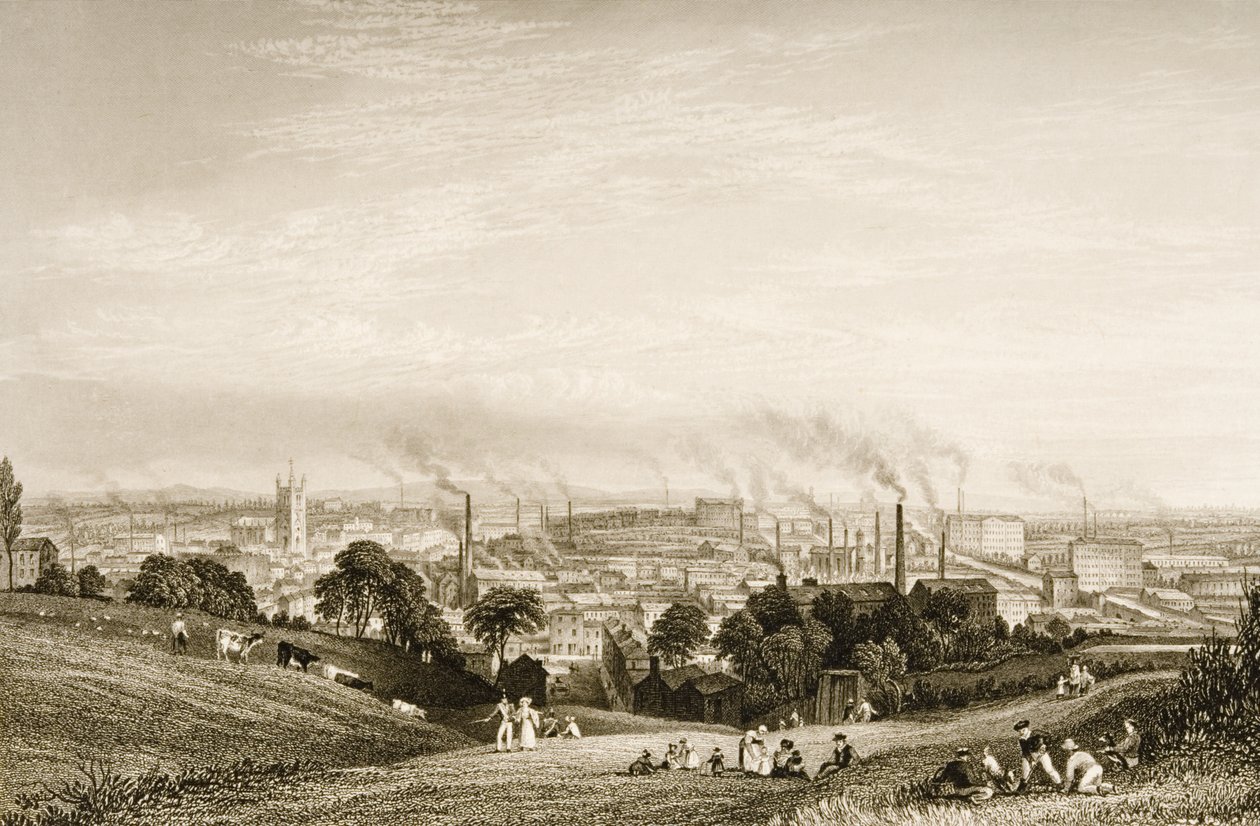 Vista general de Stockport, Lancashire mostrando molinos de algodón, publicado por J.C. Varrall, 1830s de George Pickering