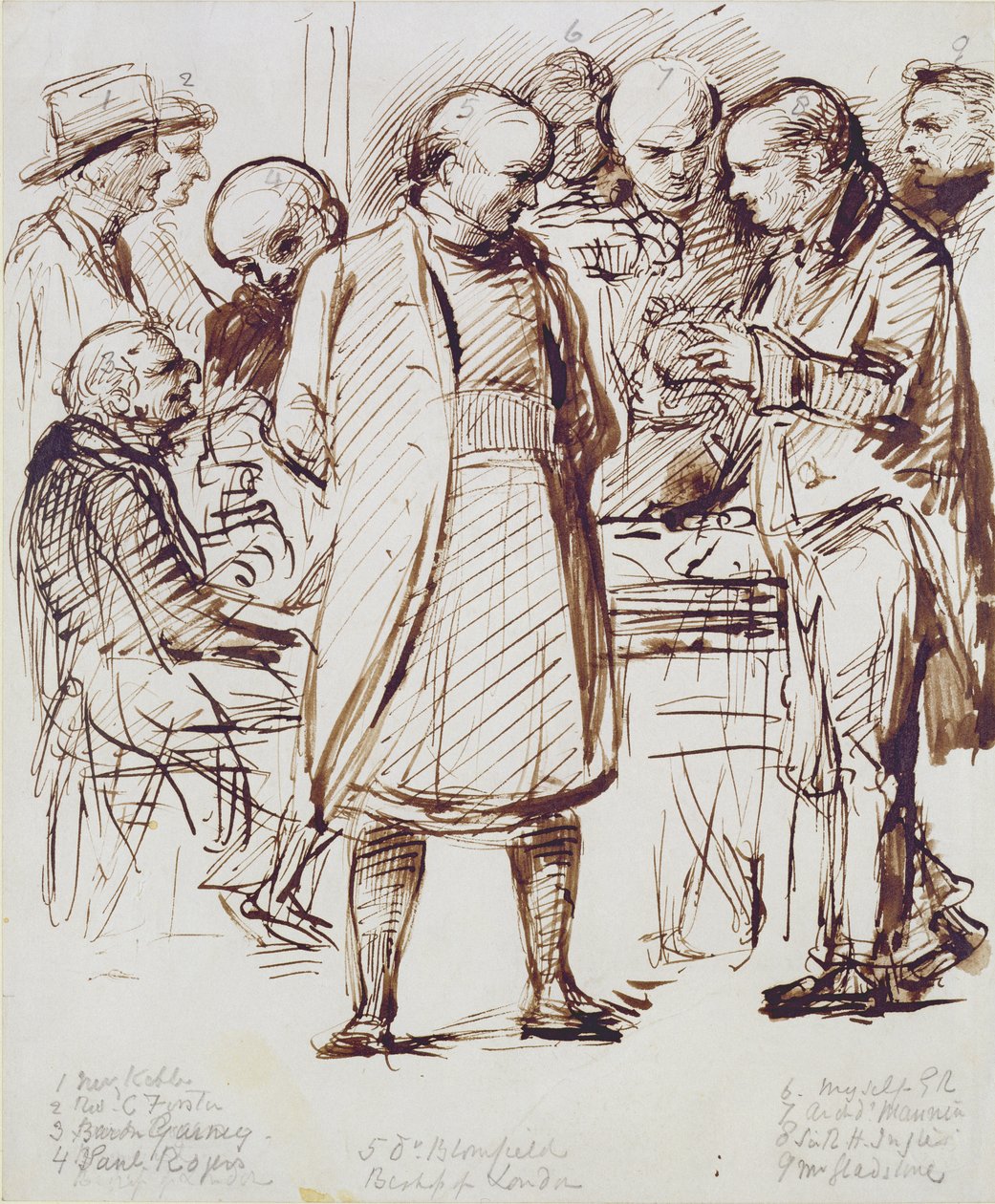 Un grupo de clérigos y políticos, incluyendo a John Keble (1792-1866) y William Gladstone (1809-98) conversando con el obispo de Londres en el Palacio de Fulham de George Richmond