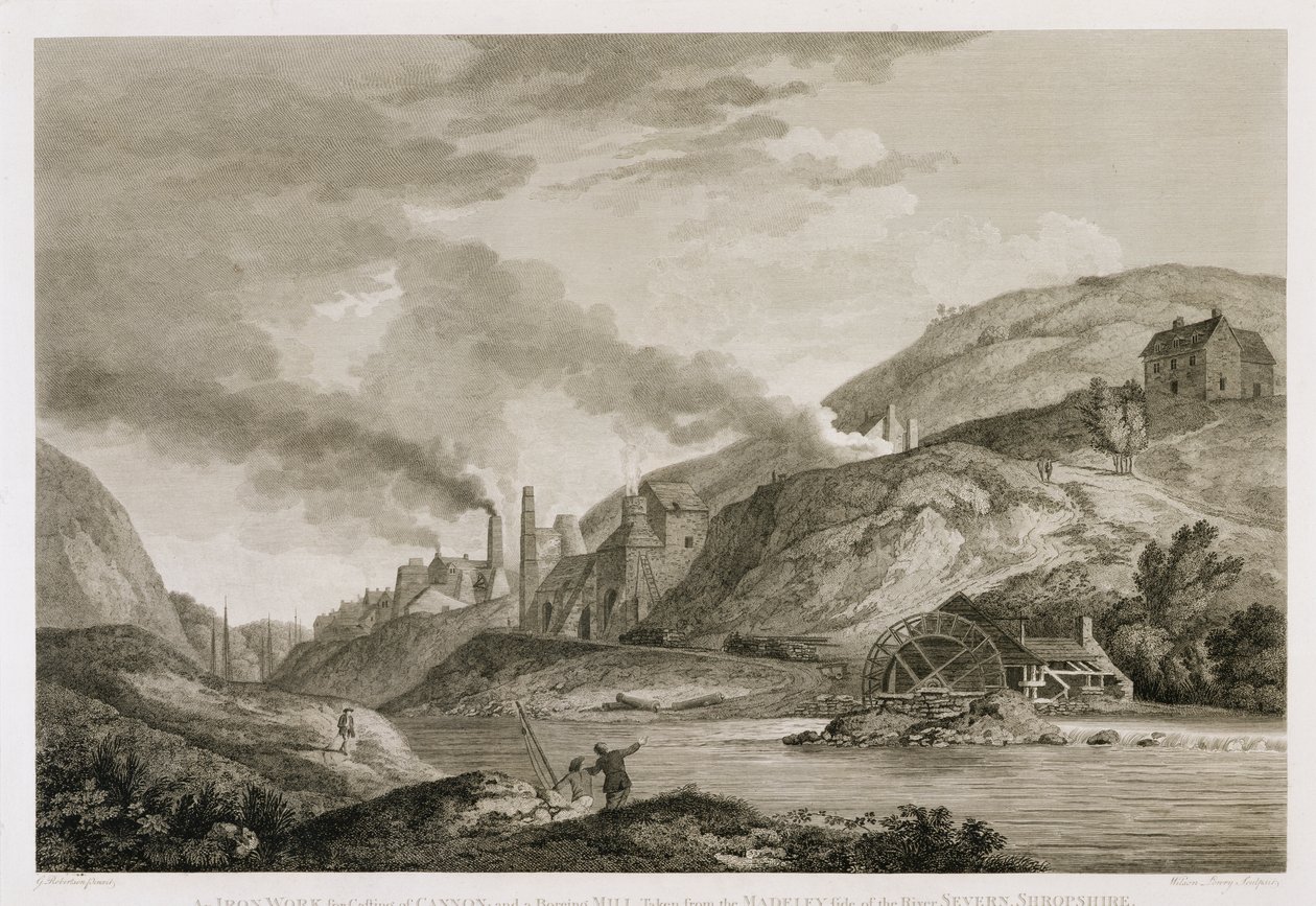 Una obra de hierro para fundición de cañones y un molino de perforación tomado desde el lado de Madeley del río Severn, Shropshire, grabado por Wilson Lowry (1762-1824) 1788 de George Edward Robertson