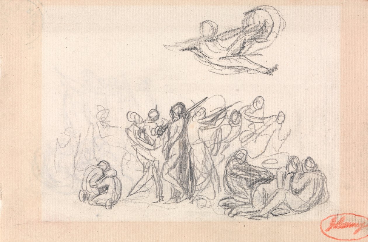 Grupo de figuras, con una figura voladora arriba de George Romney