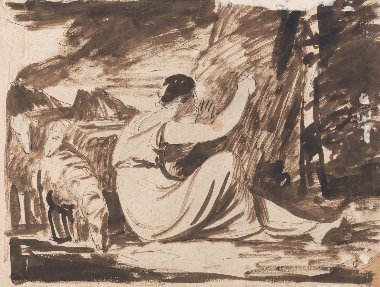 Pastora cortando una inscripción en un árbol de George Romney