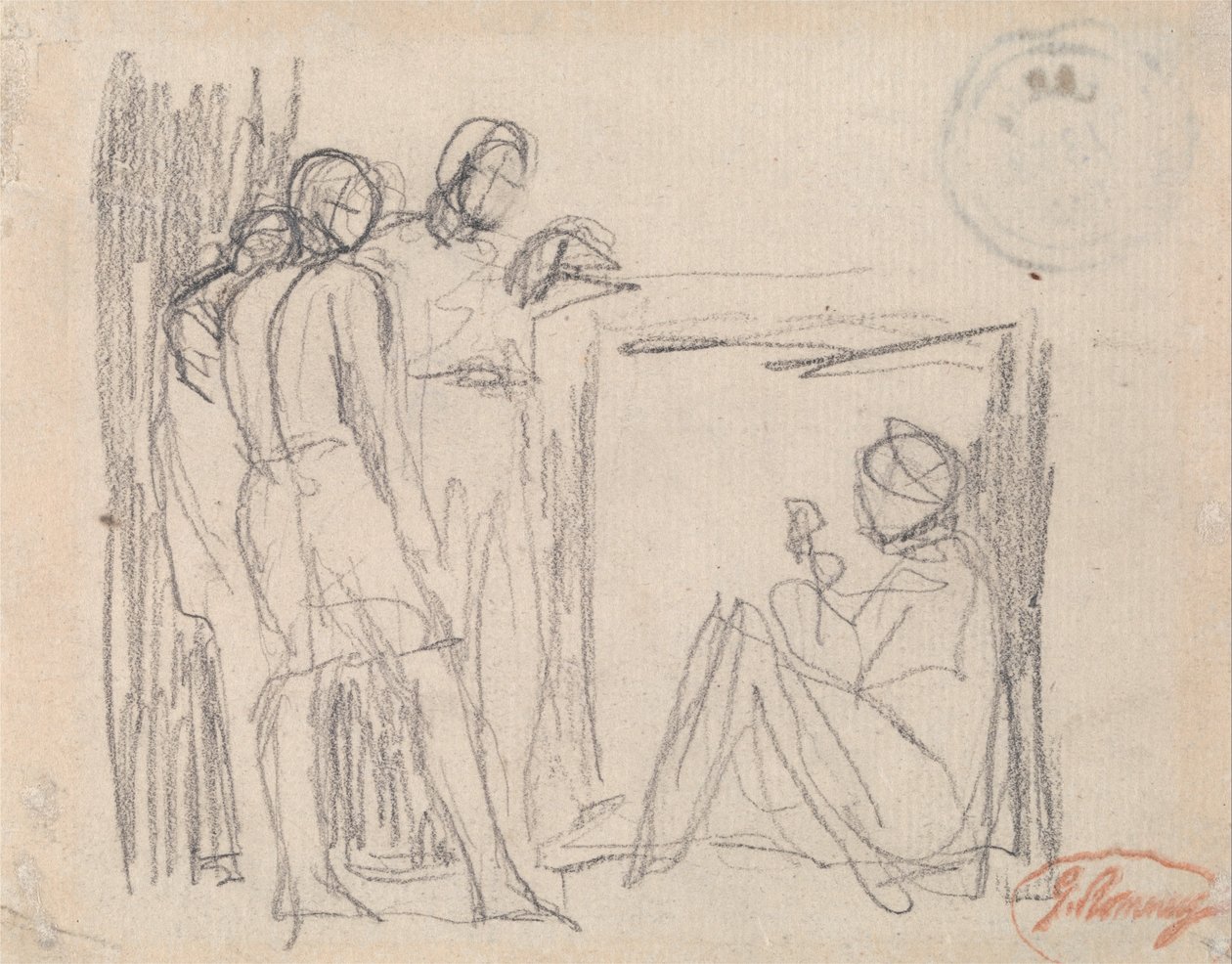 Tres figuras de pie ante una figura sentada de George Romney