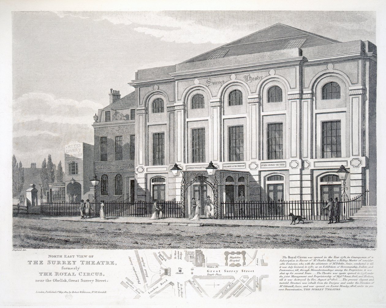 Vista noreste del Teatro de Surrey, anteriormente El Circo Real, cerca del Obelisco, Gran Calle de Surrey, grabado por William Wise, publicado por Robert Wilkinson, Londres de George Shepherd