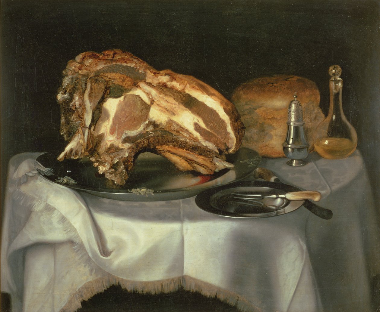 Naturaleza muerta con trozo de carne en un plato de peltre de George Smith