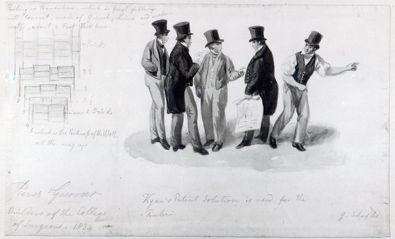 Constructores, topógrafos y arquitectos en la construcción del Real Colegio de Cirujanos, 1834 de George Snr Scharf