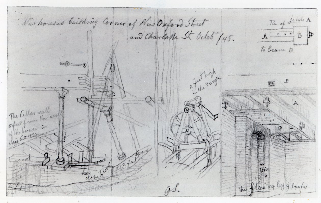 Construcción de nuevas casas en la esquina de New Oxford Street y Charlotte Street, 1845 de George Snr Scharf