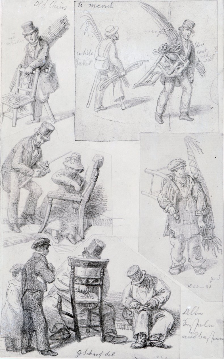 Reparadores de sillas en las calles de Londres, 1820-30 de George Snr Scharf