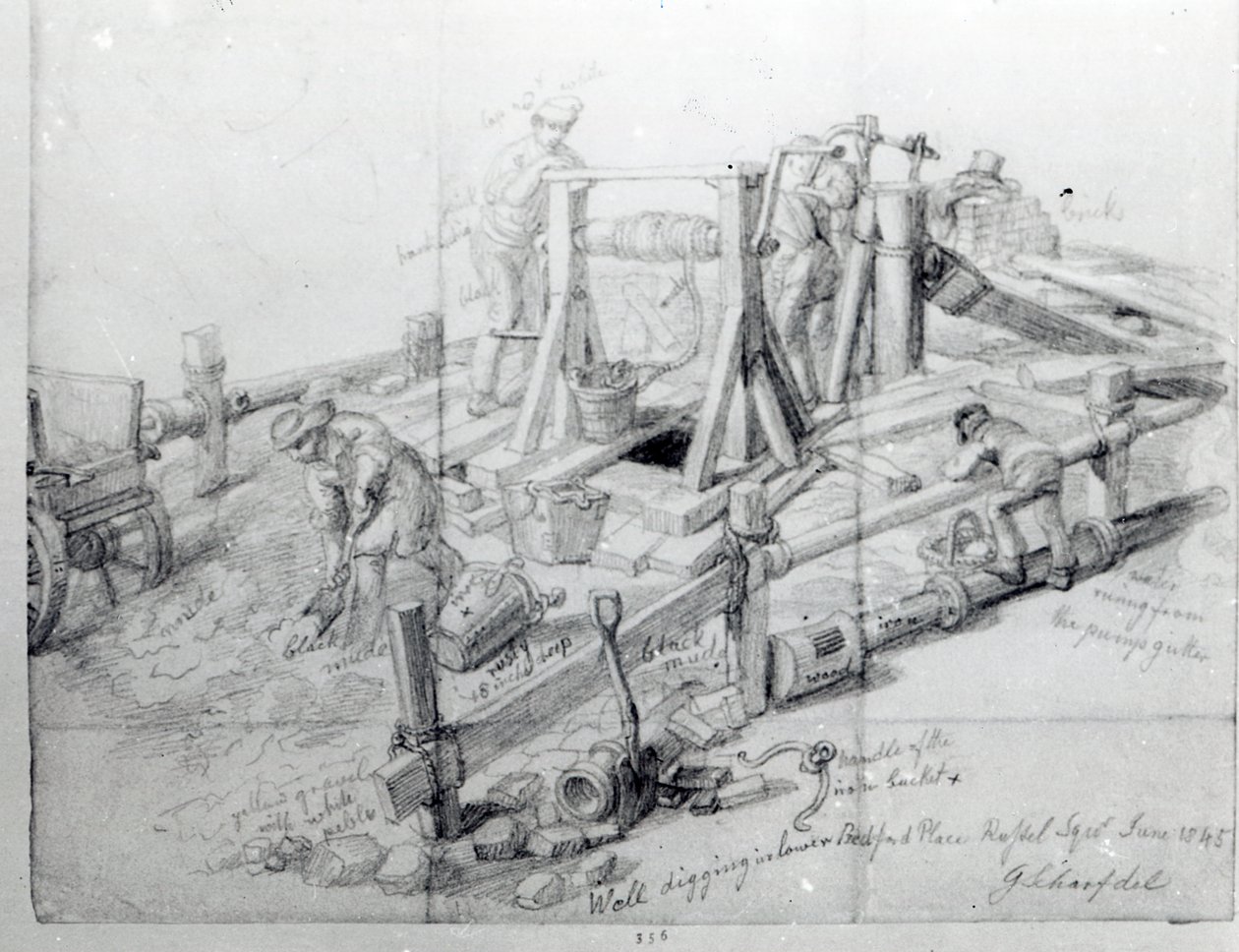 Cavando un pozo en Lower Bedford Place, Londres, 1845 de George Snr Scharf
