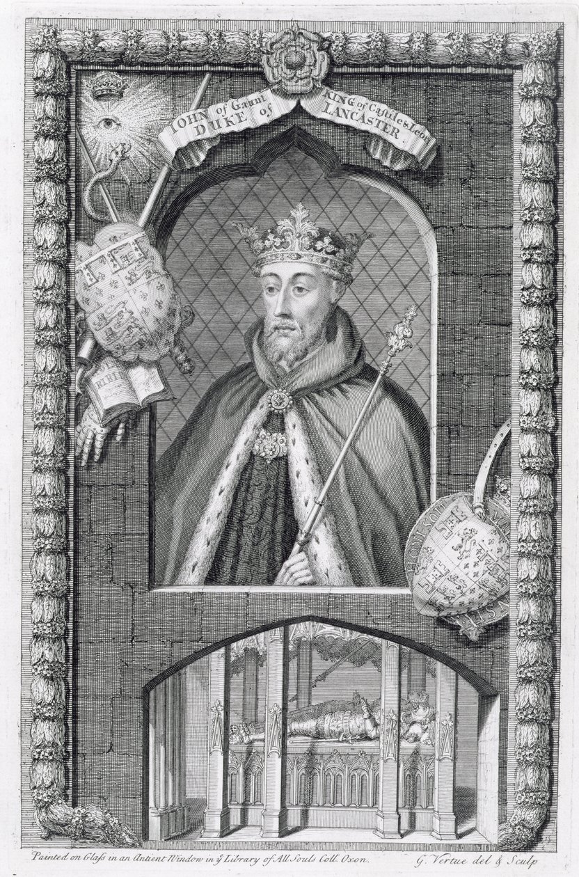 Juan de Gante, Duque de Lancaster (1340-99) después de una pintura en vidrio en la Biblioteca de All Souls College, Oxford, grabado por el artista de George Vertue
