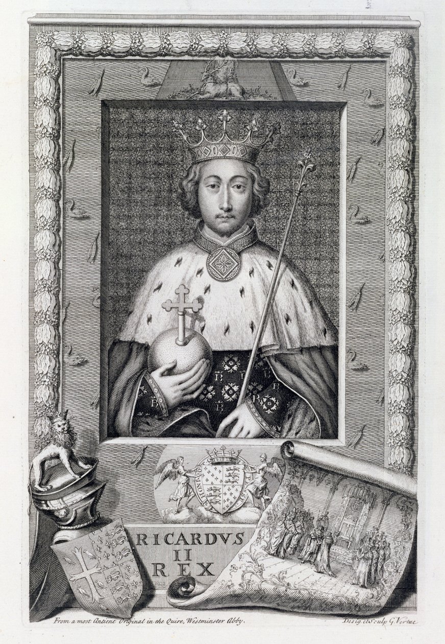 Ricardo II (1367-1400) Rey de Inglaterra 1377-99, después de una pintura en la Abadía de Westminster, grabado por el artista de George Vertue