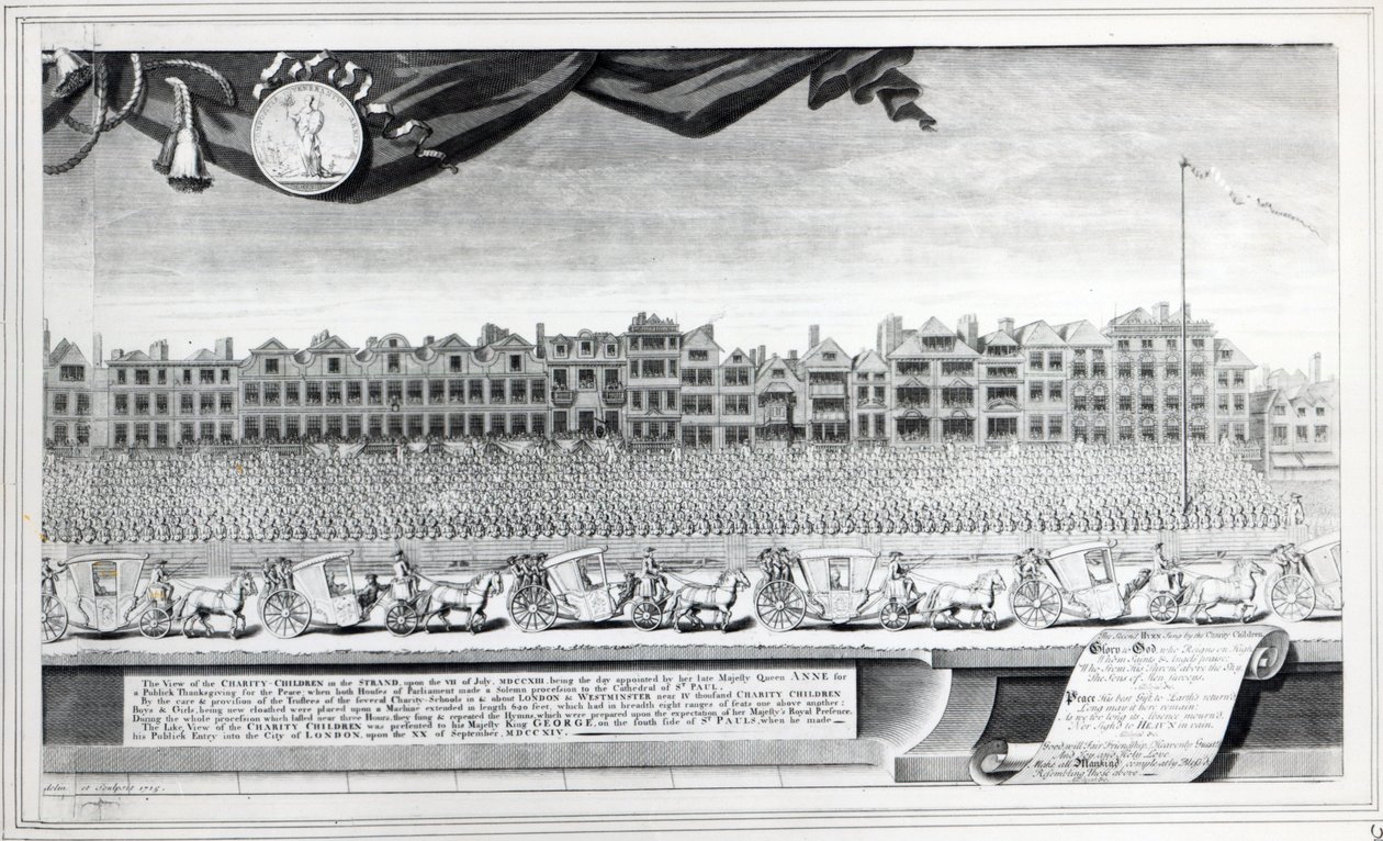 Vista de los niños de la caridad en el Strand, 7 de julio de 1713, impresión hecha en 1715 de George Vertue