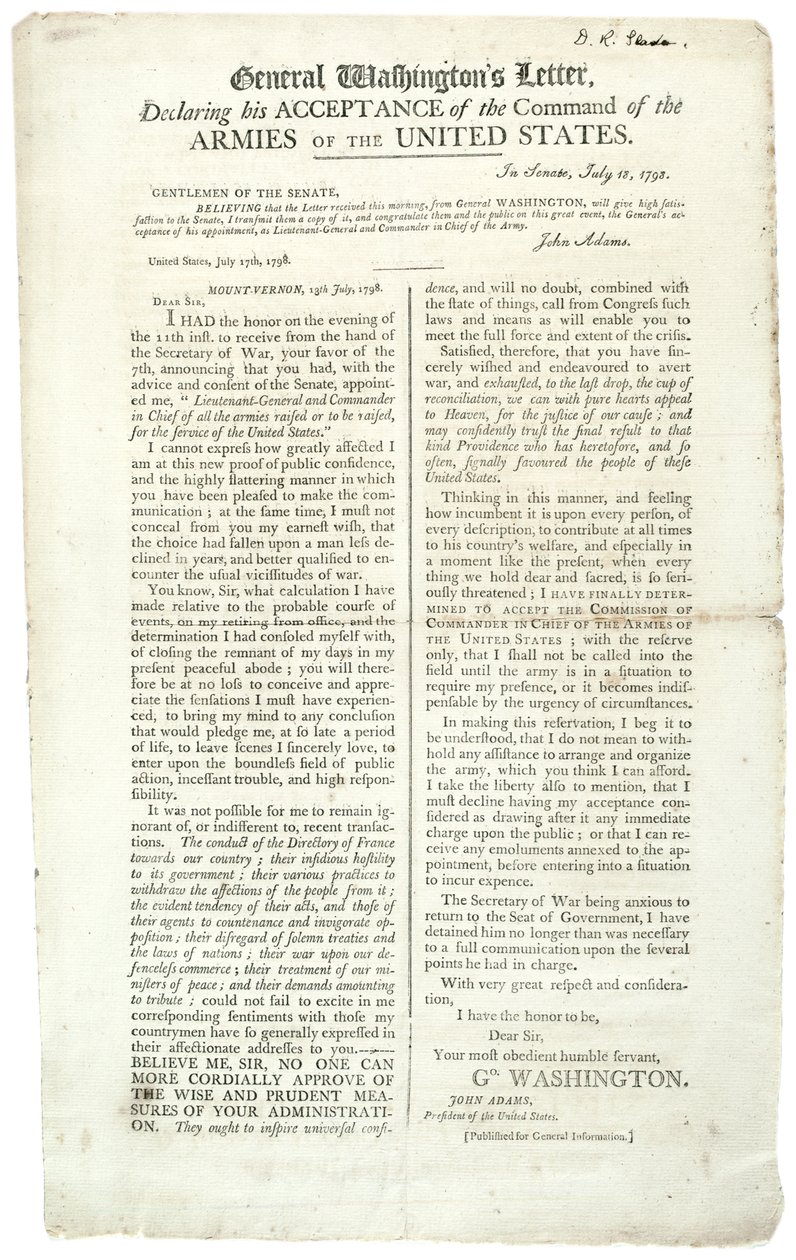 Carta del General Washington declarando su aceptación del mando, 18 de julio de 1798 de George Washington