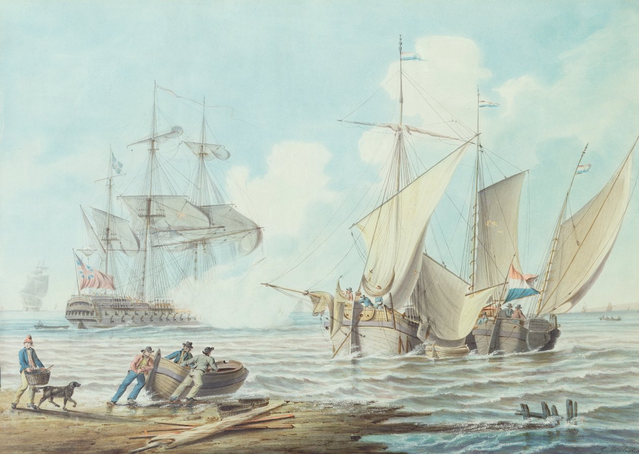 Barcos holandeses y un barco de guerra británico frente a una costa de George Webster