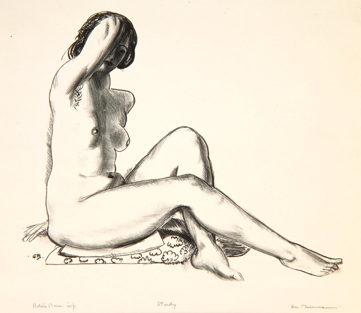 Estudio de desnudo, niña sentada en un cojín floreado, 1923-24 de George Wesley Bellows