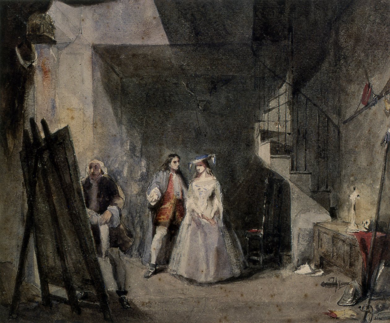 Interior de un estudio de artista con figuras en traje del siglo XVIII de George attr. to Cattermole