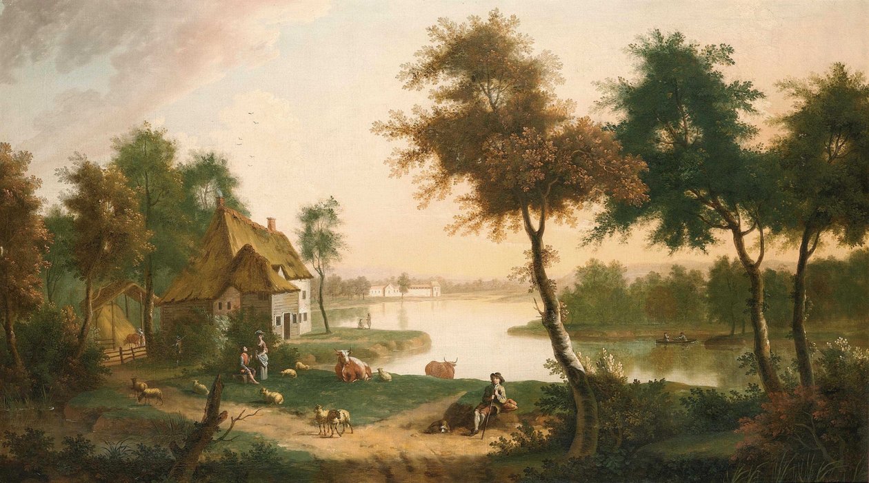 Paisaje fluvial extenso con un pastor de George Smith