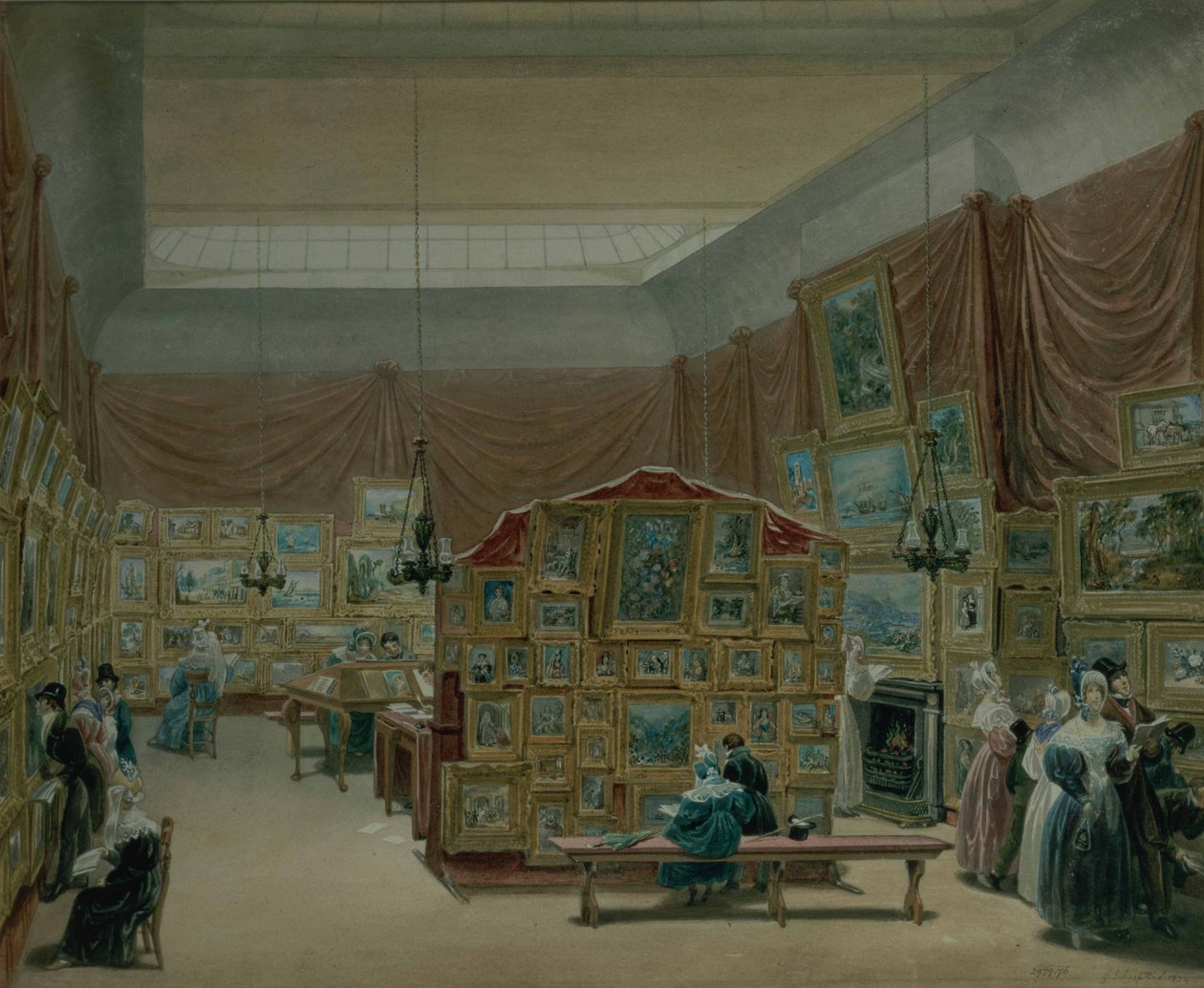 Interior de la Galería de la Nueva Sociedad de Pintores en Acuarela, Old Bond Street, 1834 de George the Elder Scharf