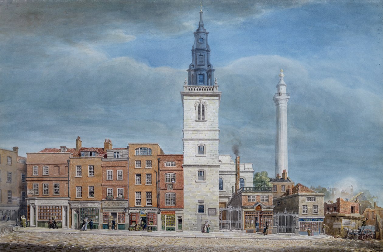 Vista de la Iglesia de San Miguel, Crooked Lane, Londres, diseñada por Christopher Wren, durante las demoliciones para el Nuevo Puente de Londres, c.1830 de George the Elder Scharf